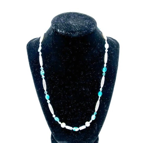 APATITE{blue} GEMSTONE & SILVER PLTD BEADS NECKLACE*HAND CRAFTED. - Picture 1 of 7